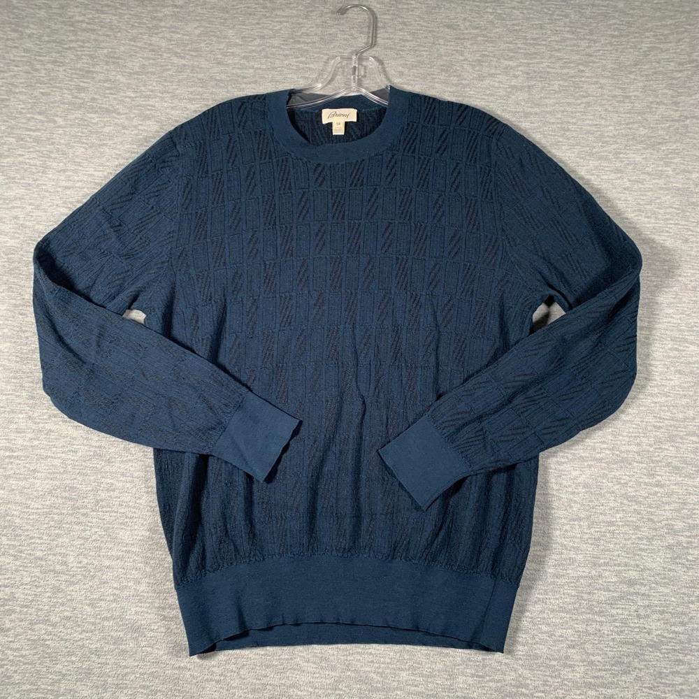 Brioni Sweater Mens IT 54 Blue Wool Silk Crewneck Geometric‎ Knit Lightweight